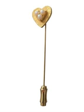 Vintage Gold Tone Heart Stick Pin With 3 Tiny Faux Pearls